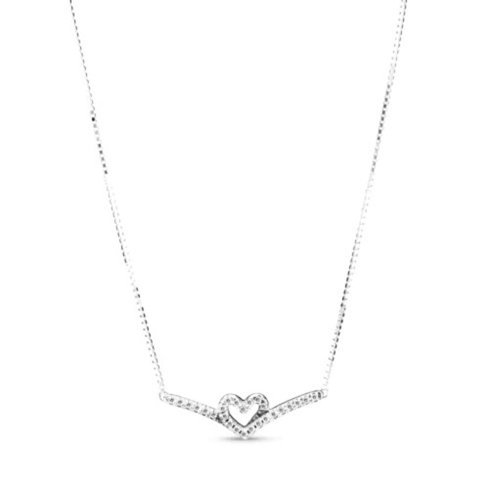 PANDORA Sparkling Wishbone Heart Collier Necklace New In Box